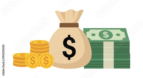 Simple vector illustration graphic depicting a large sack overflowing with cash, stacks of gold coins, and thick bundles of green paper currency symbols.