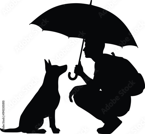 Man with umbrella and dog silhouette isolated on white background showing friendship, pet care, rainy weather protection and companionship