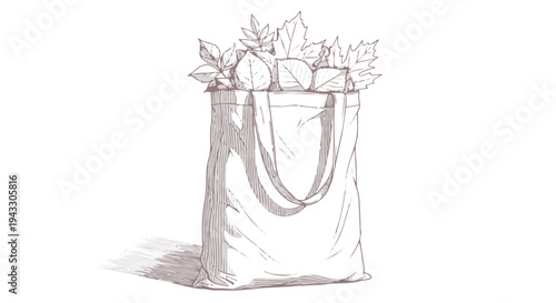 A sketch of a tote bag filled with leaves on a with handles