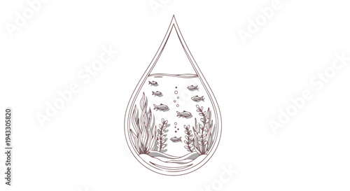 A detailed illustration of a teardrop shaped aquarium with fish and plants inside