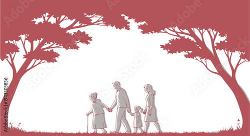 A pink silhouette illustration of a family walking under trees on a grassy field with a child and two elderly people