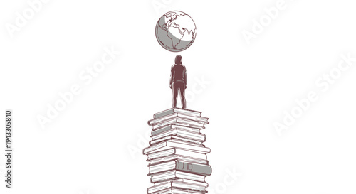 A person standing on a stack of books with a globe on their head