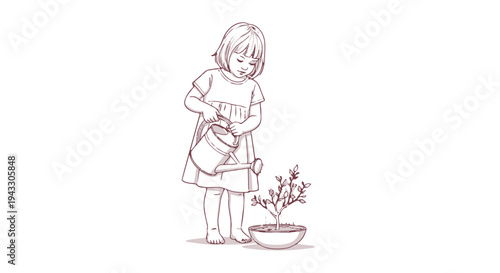 A young girl tenderly watering a small potted plant with a watering can in her hands