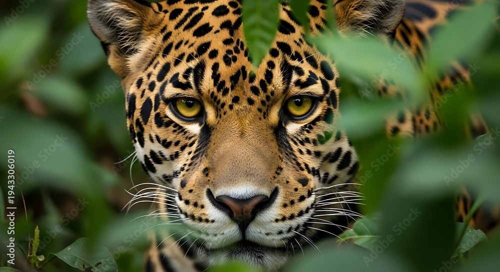 Obraz premium Close-up of a majestic spotted cat peering through lush green foliage