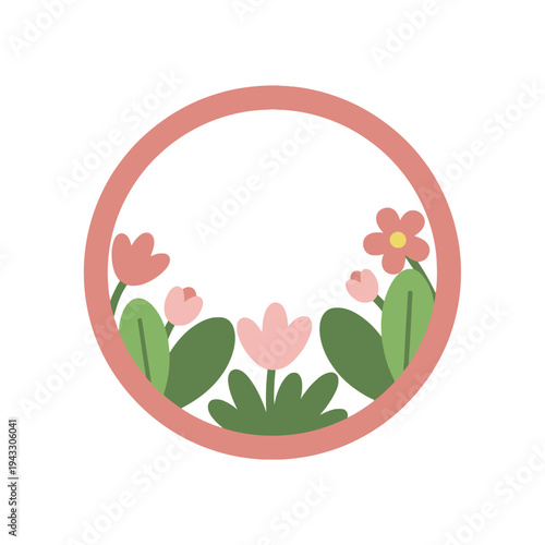 A pastel-colored floral emblem with a spring decorative badge design, featuring a modern nature badge and botanical label elements within a circular logo frame.