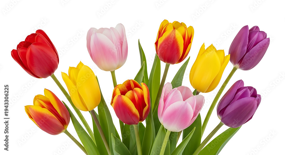 Naklejka premium A vibrant bouquet of colorful tulips against a solid