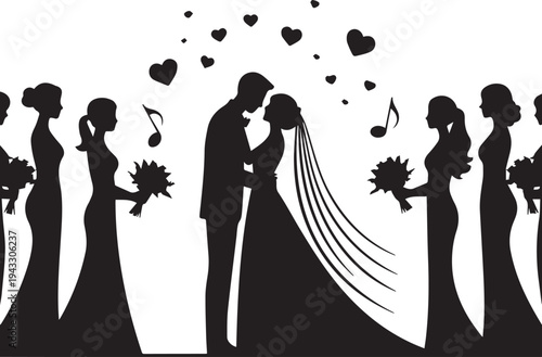 Black and white silhouette of a wedding couple kissing with bridesmaids and musical notes des