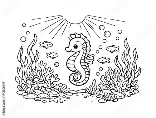 Seahorse swirl playing among underwater plants with coral and kelp growing around, small fish swimming past,