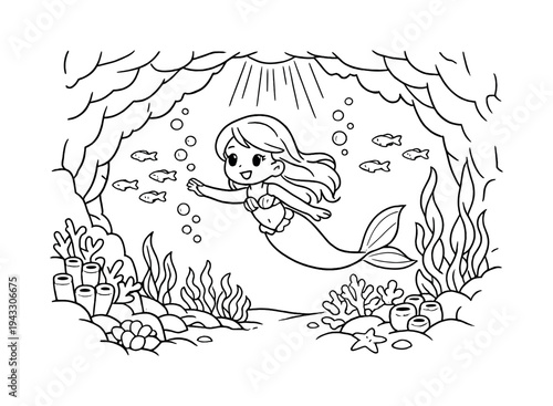 Cute cartoon mermaid swimming happily underwater surrounded by fish and coral reefs