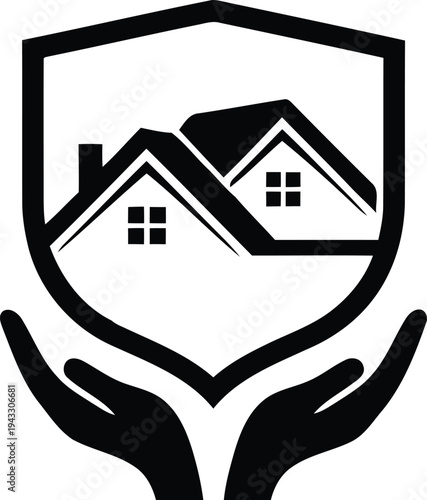 Hands shielding a cluster of houses within a protective emblem Vector