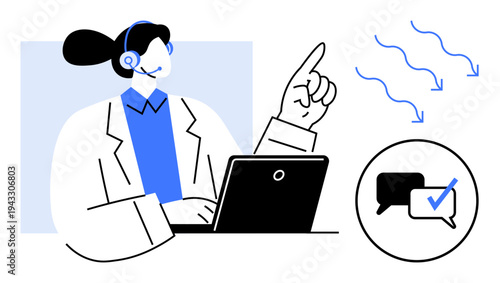 Support agent with headset working on laptop, raising hand to answer, communication icons floating. Ideal for customer service, teamwork, online engagement, problem-solving, remote work, education