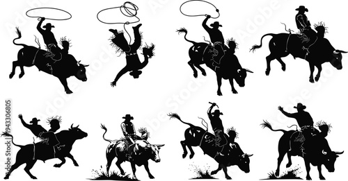 Rodeo Bull Riding Silhouettes Set Featuring Cowboy Action Poses Lasso Roping Bull Rider Stunts and Wild West Competition Vector Illustrations