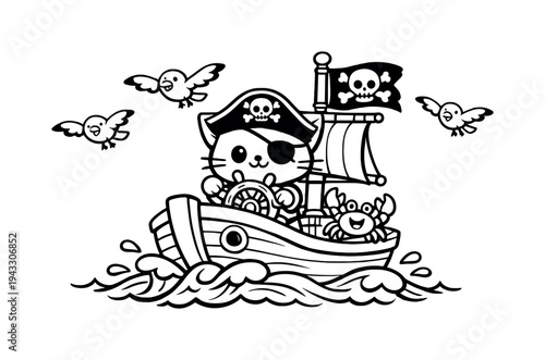 Cute cartoon cat pirate sailing a ship with a crab and birds flying around