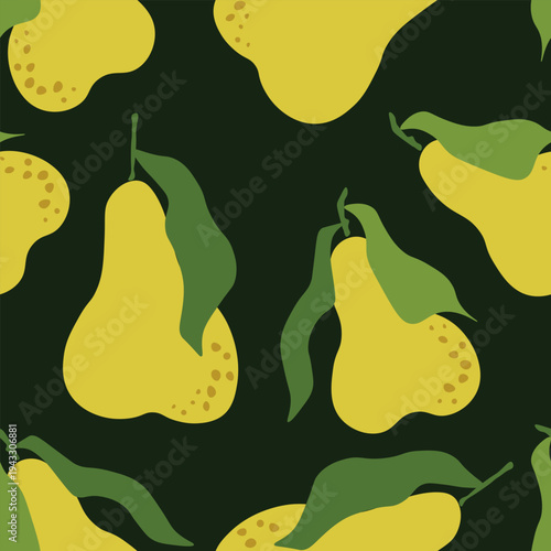 Seamless pattern with pear on color background. Natural delicious fresh ripe tasty fruit. Sweet pears with leaves. Food concept. Vector illustration for print, fabric, textile.