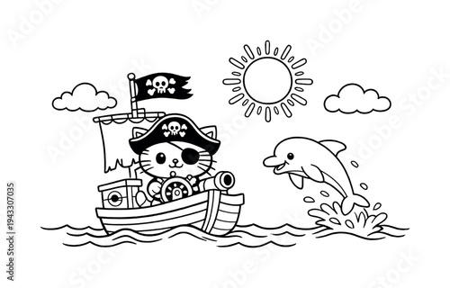 Cute cartoon cat pirate sailing a ship with a dolphin jumping nearby on a sunny day