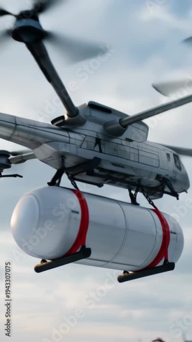 Vertical video cargo drones transporting large containers over a snowy industrial refinery, showcasing the future of logistics and transportation in challenging environments