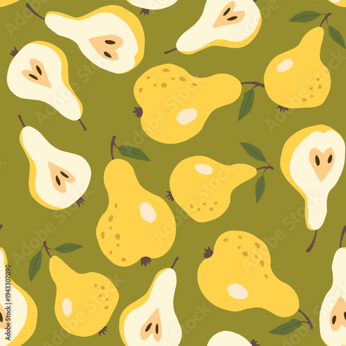 Seamless pattern with pear on color background. Natural delicious fresh ripe tasty fruit. Sweet pears with leaves. Food concept. Vector illustration for print, fabric, textile.
