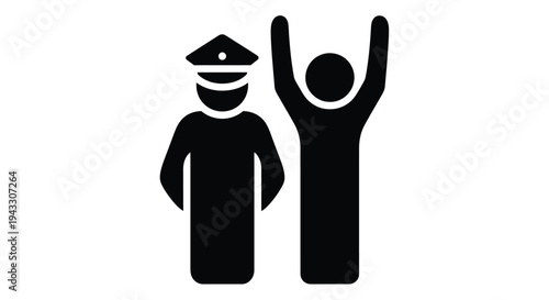 Simple black silhouette of a police officer and a person with raised arms