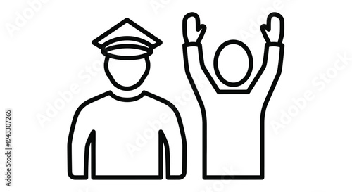 Line drawing depicts a police officer and a person with raised arms
