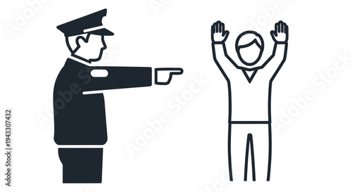 Police officer pointing at a person with hands raised in surrender