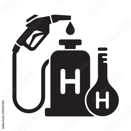 "Hydrogen fuel energy icon with gas pump and laboratory flask for green technology"