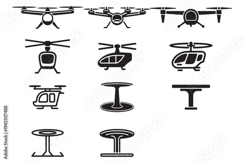 "Modern drone and helicopter aircraft technology icon set for future transportation"