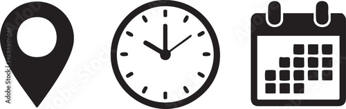 Icons representing location, time, and scheduling in a minimalist design Vector