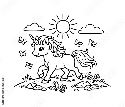 Cute cartoon unicorn with flowing mane and tail prancing in a sunny meadow with butterflies