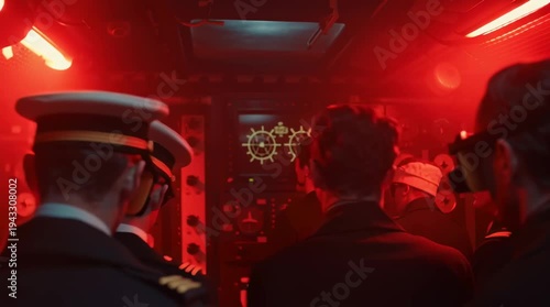 POV shot inside a Cold War military command bunker, officers watching monitors displaying nuclear explosion data, red emergency lights casting shadows on tense faces, retro 1960s technology, cinematic
