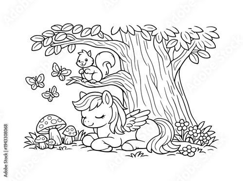 Cute cartoon pegasus resting under a tree with a squirrel and butterflies