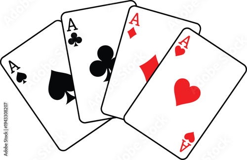 Four aces of different suits in a standard deck of playing cards. Vector