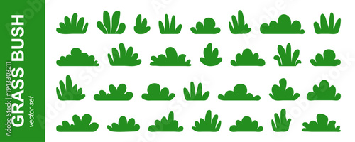 Grass bush and cartoon tree, green lawn silhouette. Shrub grass, park or forest icon. Simple plant, cute meadow. Spring and summer jungle herb collection isolated on white bg. Vector illustration