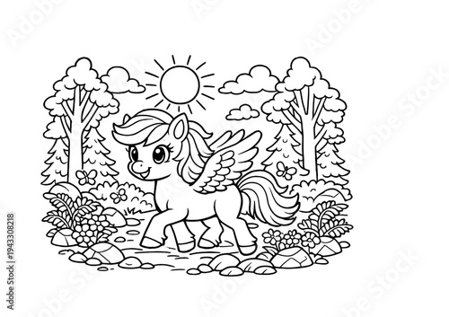 Cute cartoon pegasus with wings flying in a sunny forest with trees and flowers