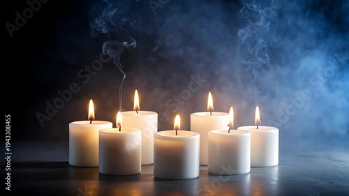 Group of white pillar candles glowing with soft flame and rising smoke