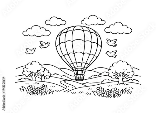 Whimsical hot air balloon floats over a scenic landscape with birds and flowers