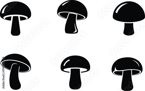 Six black and white illustrations of mushrooms on a white background
