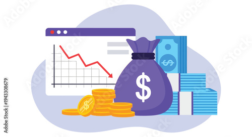 Engaging vector illustration design depicting financial loss, market decline, economic downturn, and negative investment performance represented by a downward trending graph alongside currency.