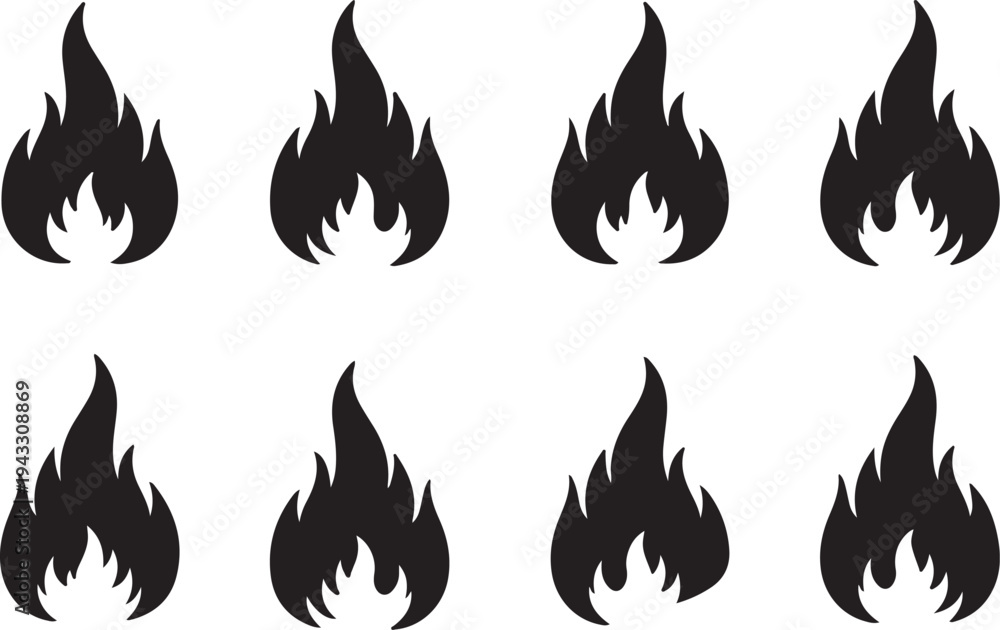 Naklejka premium Eight identical black flame icons arranged in two rows on white background