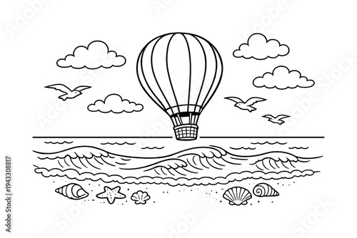 Whimsical hot air balloon floats over ocean waves with seagulls and seashells on beach