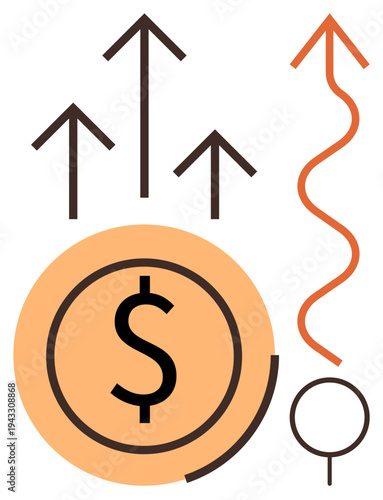 Business growth, financial trends, investment strategy, market analytics, economy, upward movement. Dollar symbol with rising arrows and abstract lines. Financial trends and business growth visual