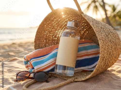 Reusable water bottle with blank label placed inside a woven beach bag with towel and sunglasses on a sandy beach at sunset. Perfect for summer travel, eco lifestyle, hydration, and beach vacation