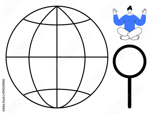 Digital search, mindfulness, global concepts, focus, exploration, and self-awareness. A globe, magnifying glass and meditating person. Global connectivity and mindfulness symbolism