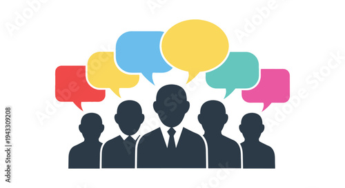A vector graphic illustration of five people with colorful speech bubbles, representing communication and teamwork in a business or social setting with diverse conversation.