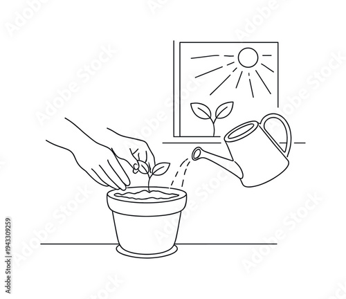 Hands planting a small seedling into a pot on a windowsill, watering can tilted, two leaves and a sun ray hint behind the glass,