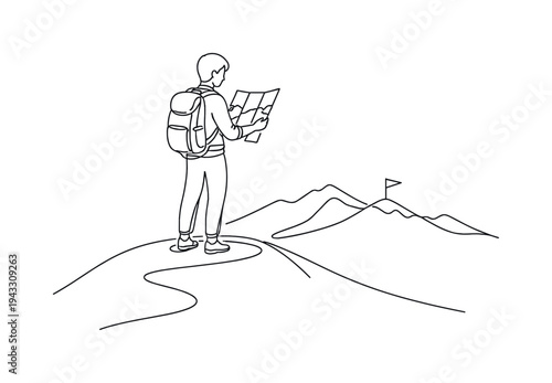 Person standing on a hilltop reading a folded map, small compass in hand, distant mountain line and a single flag marker,