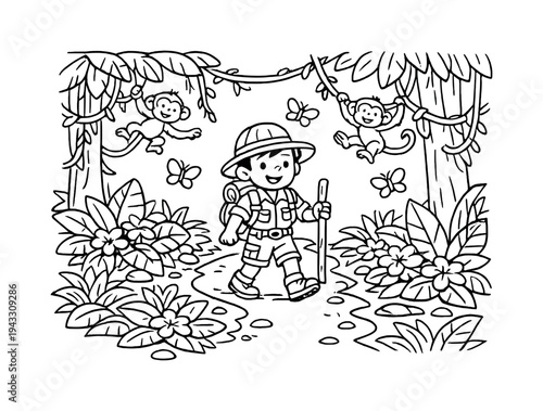Jungle Explorer Adventure. Jungle adventure with a friendly explorer walking along a leafy trail, surrounded by tall trees, vines,