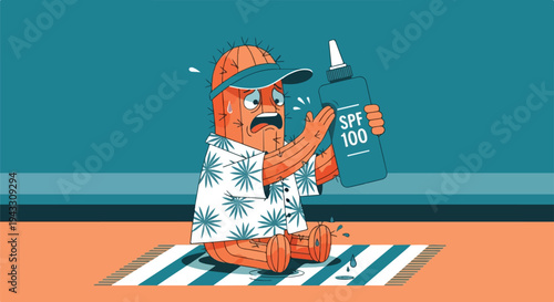 Funny Cactus Character Illustration Suffering from Sunburn Holding SPF 100 Sunscreen Bottle