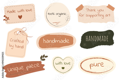 Hand drawn handmade labels and stickers set with organic textures and craft paper style
