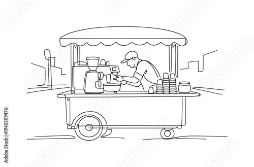 Street vendor coffee cart with large espresso machine, small canopy overhead, barista leaning forward to prepare a drink, stack