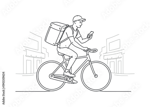 Courier riding a bicycle through a city street with a large insulated delivery backpack strapped on, one hand on the handlebar